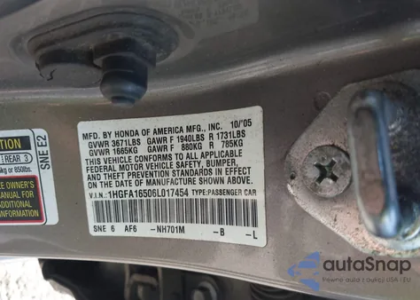 2006 Honda Civic Lx z USA, uszkodzony, nr VIN 1HGFA16506L017454